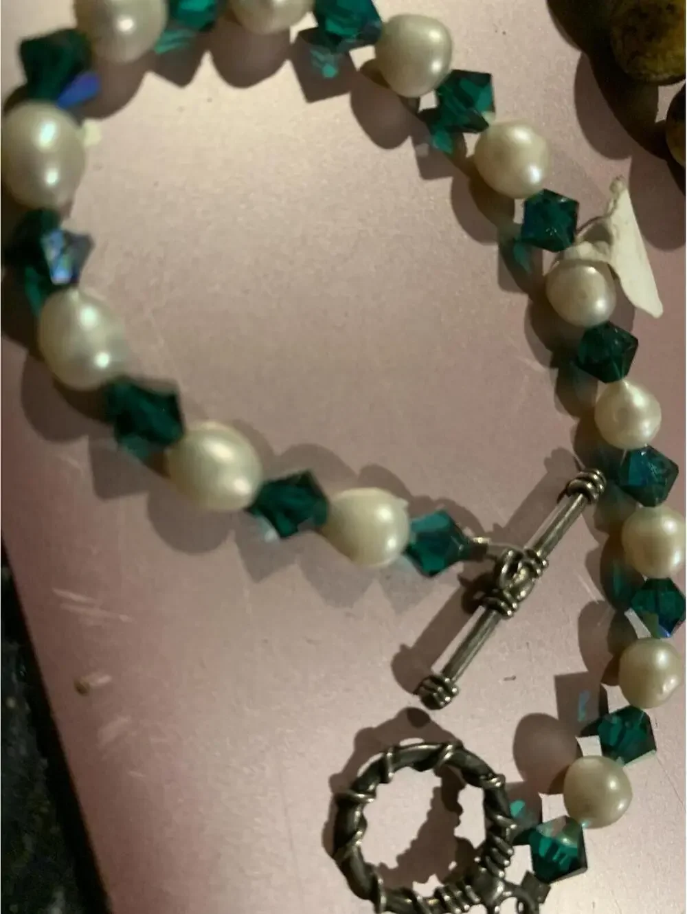 Elegant Pearl and Teal Crystal Toggle Bracelet